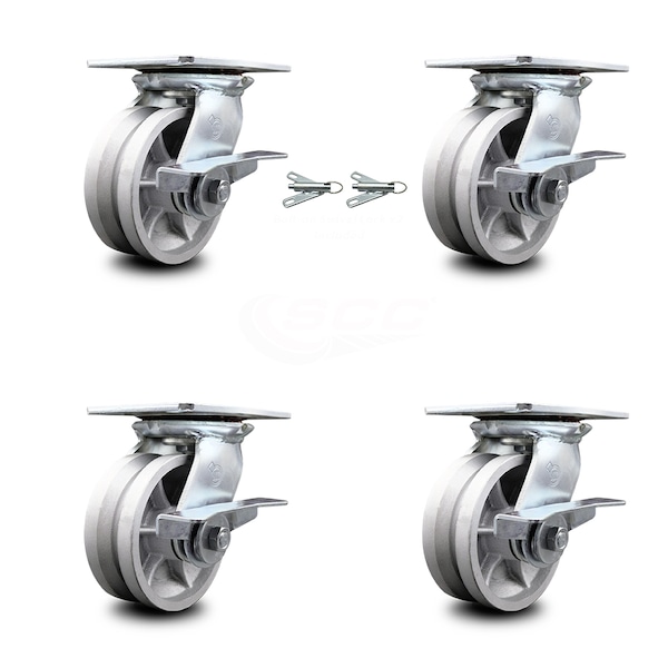 Service Caster 5 Inch V Groove Semi Steel Caster Set with Roller Bearing 4 Brake 2 Swivel Lock SCC-35S520-VGR-SLB-BSL-2-SLB-2 - main